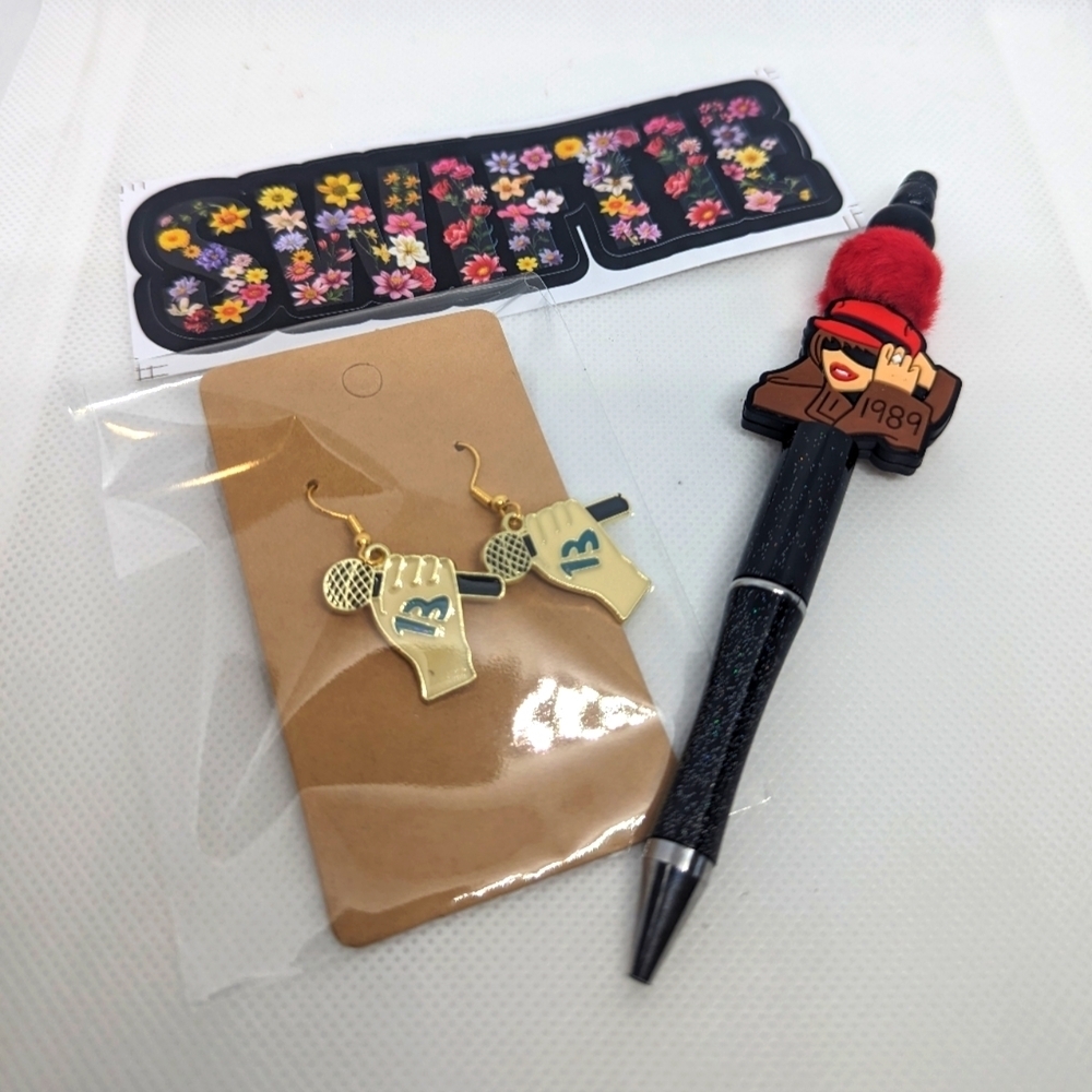 Unleash Your Inner Swiftie with my Taylor Swift Earrings, Pen, & Sticker Bundle